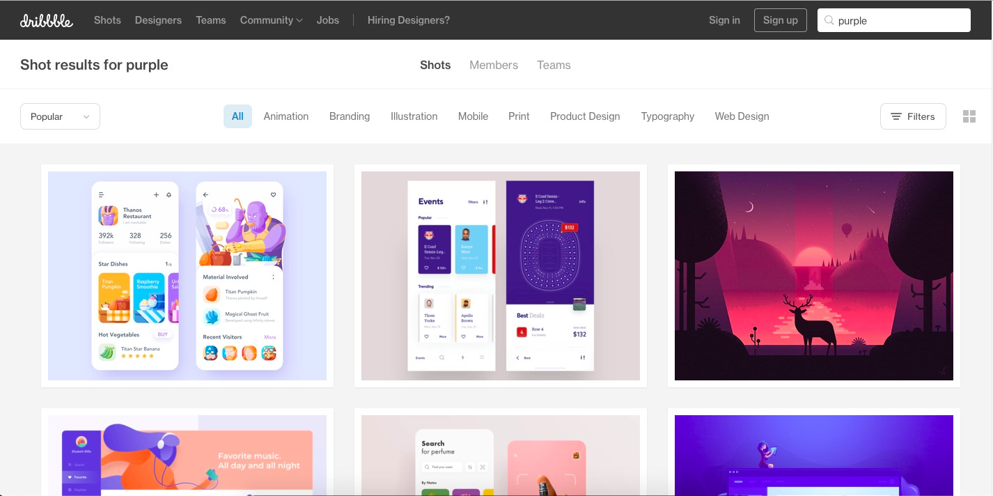 Resultados do dribbble para a cor purple (roxo)