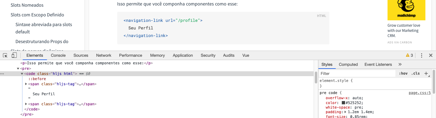 print da documentação do Vue js sobre a parte de slots, com a aba inspencionar aberta, mostrando o código da tag 'code' e suas classes