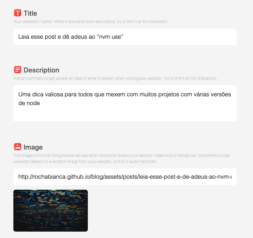 as informações detectadas pelo website sobre o meu blog, incluindo titulo, descrição e imagem
