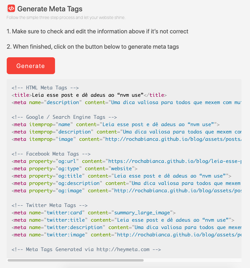 Parte do site onde você pode gerar as meta tags do seu site com as informações da imagem anterior