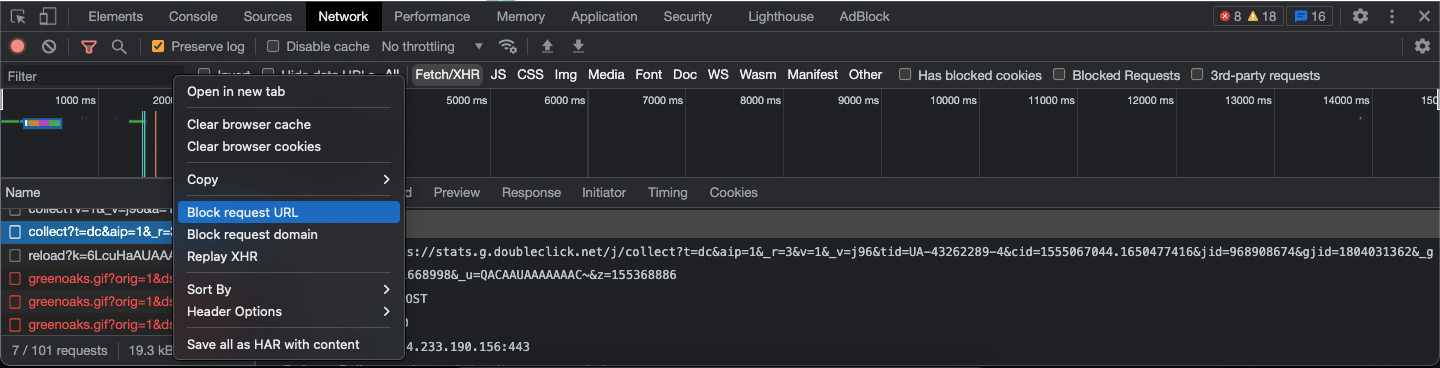 tela do Inspect mostrando a aba Network e a opção "Block request URL" selecionada em um dos requests